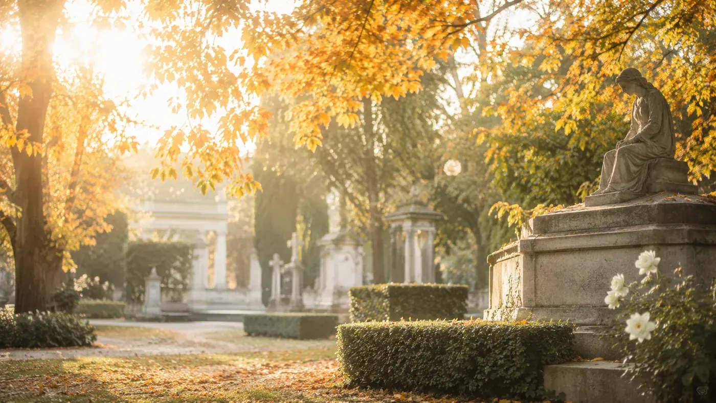 Ruhiger Friedhof in warmem Licht als Symbol für Abschied und Erinnerung