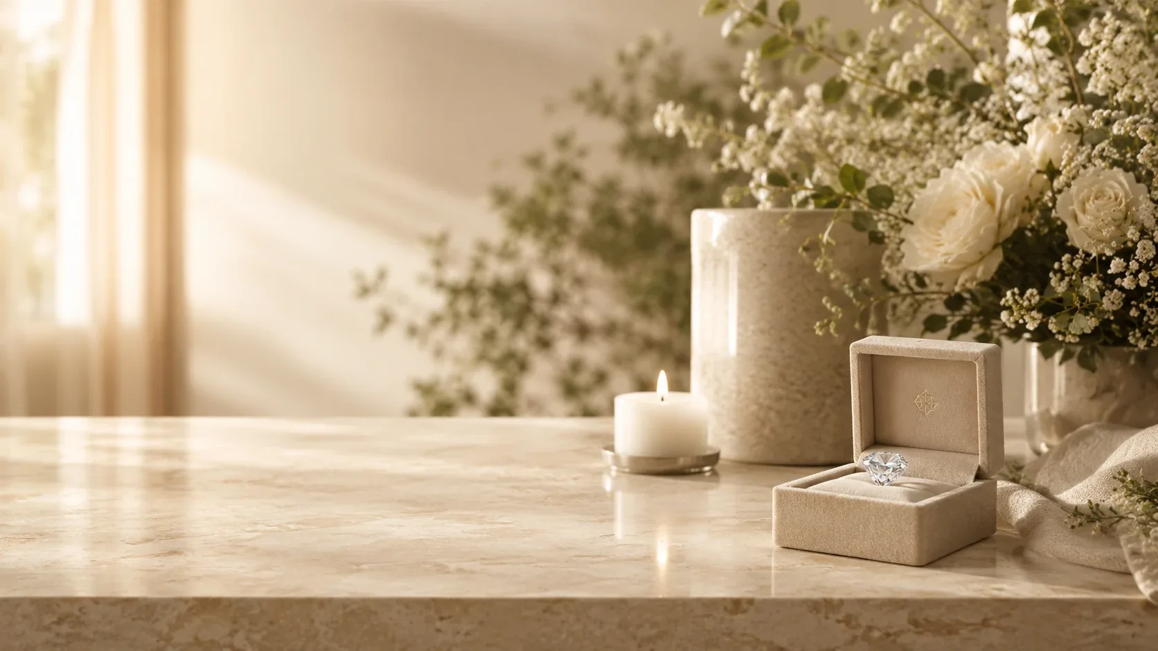Elegantes Stillleben mit Erinnerungsdiamant, Blumen und Kerzen als Symbol für Diamantbestattung