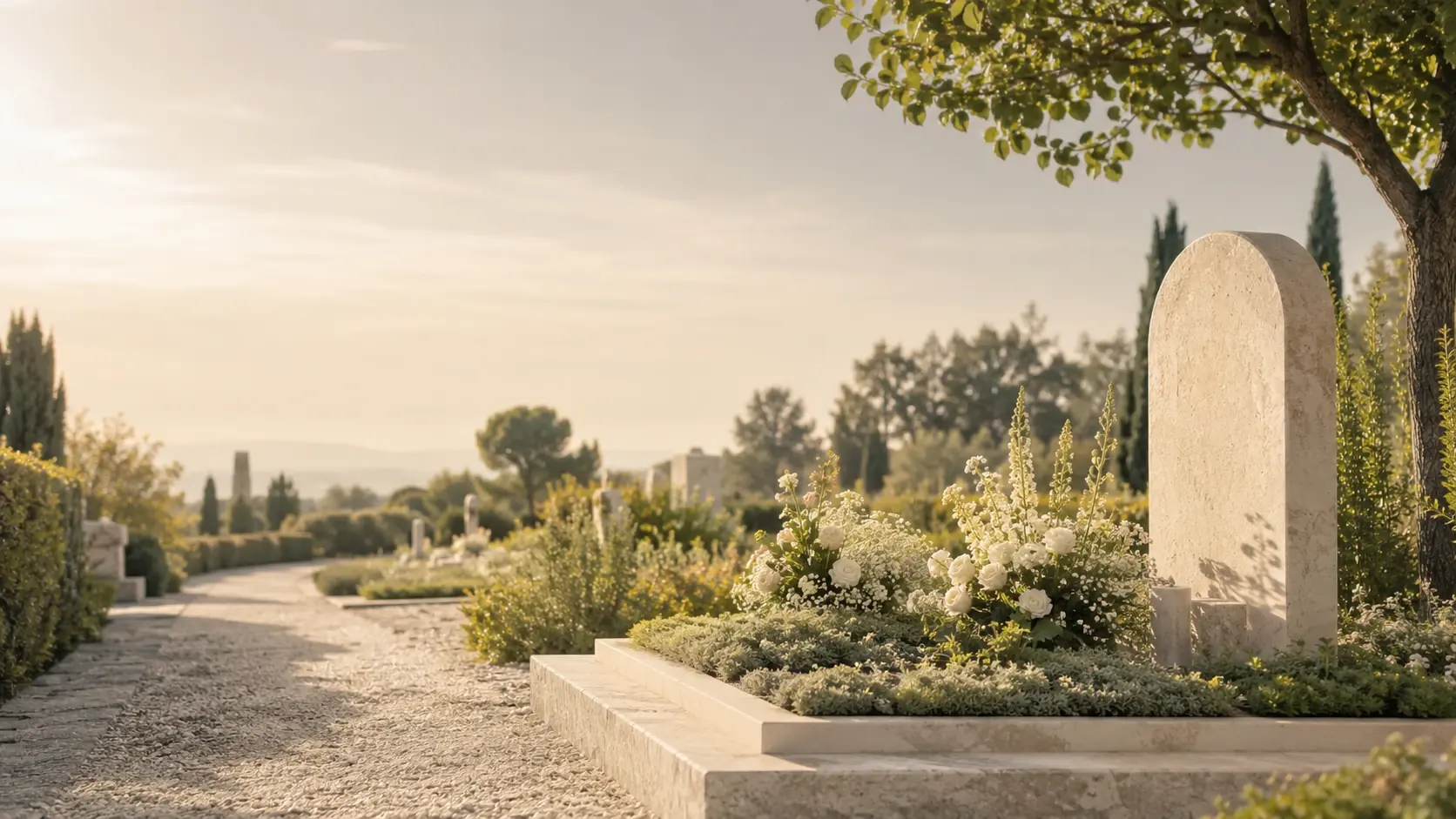 Sonniger ruhiger Friedhof als Symbol für Erdbestattung