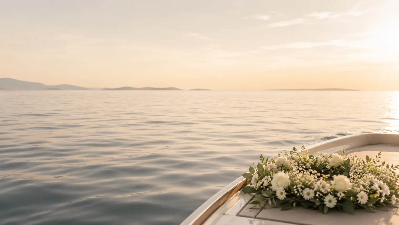 Ruhige See mit Blumenschmuck als Symbol für Seebestattung