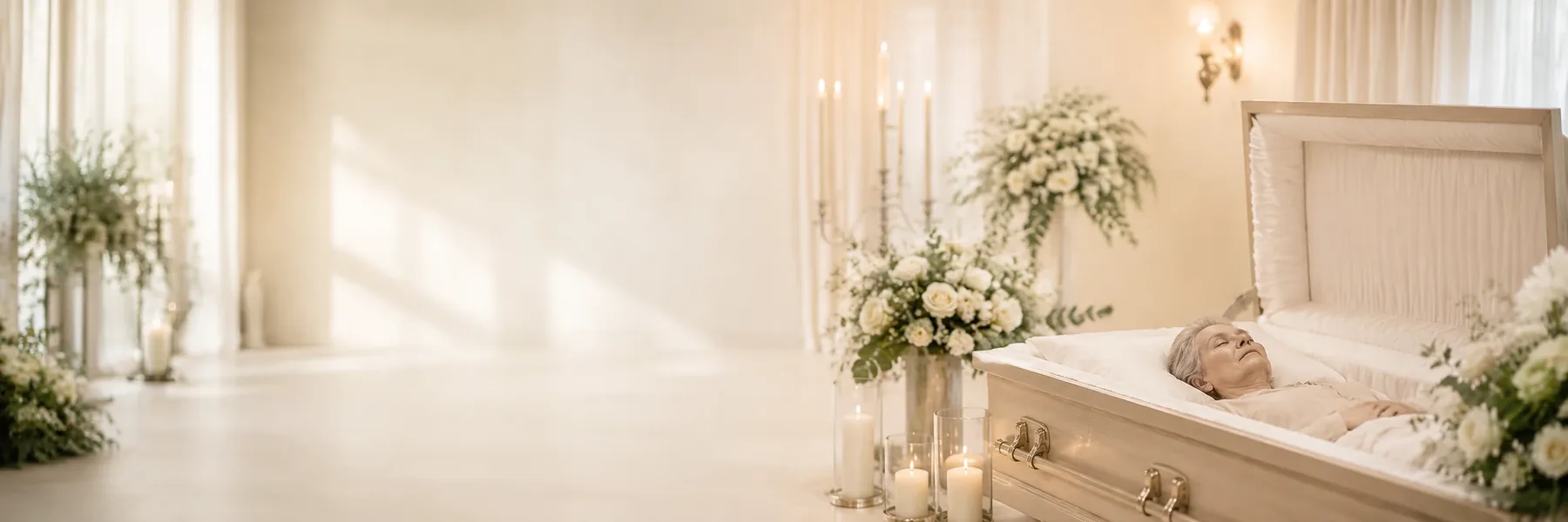 Würdevoller Abschiedsraum mit offenem Sarg, Blumen und Kerzen