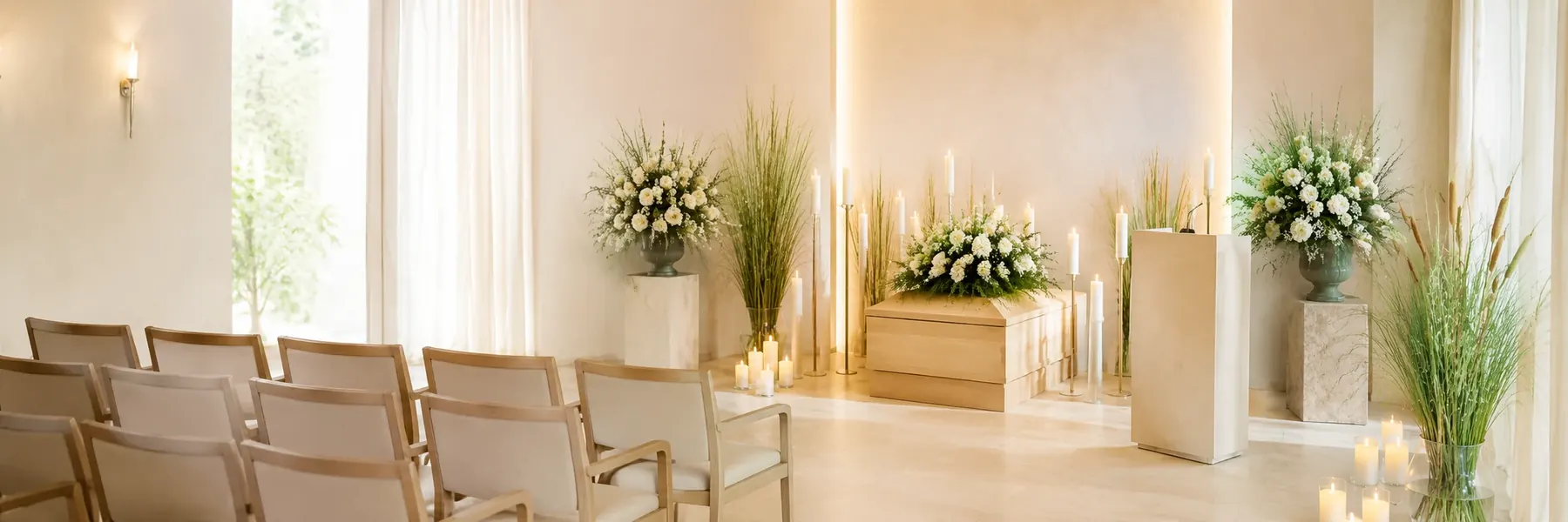Heller Zeremonienraum mit Blumen, Kerzen und Sitzplätzen