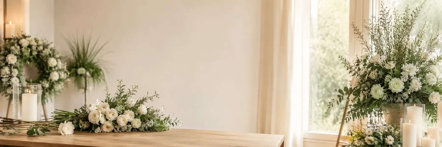 Trauerfloristik mit weißem Blumenschmuck in ruhiger Umgebung