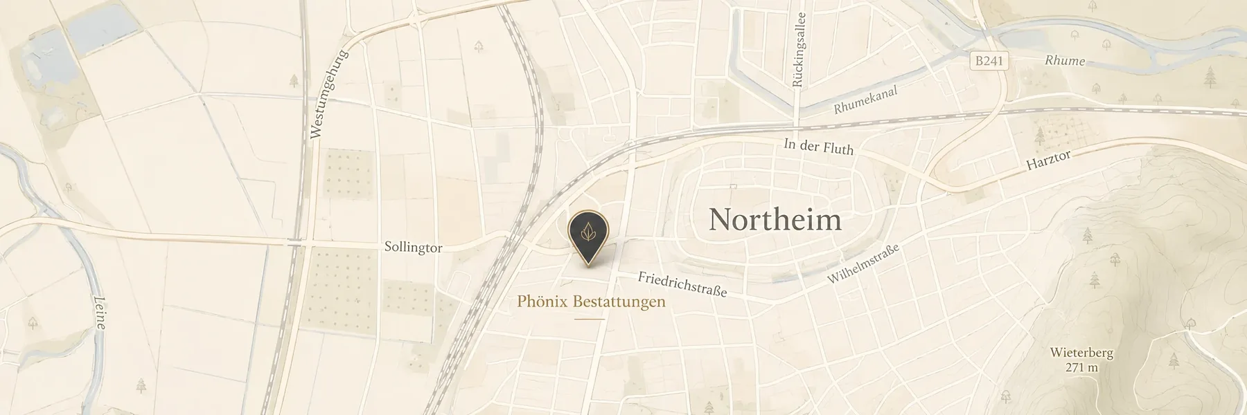 Stilisierte Karte von Northeim mit Standortmarkierung für Phönix Bestattungen