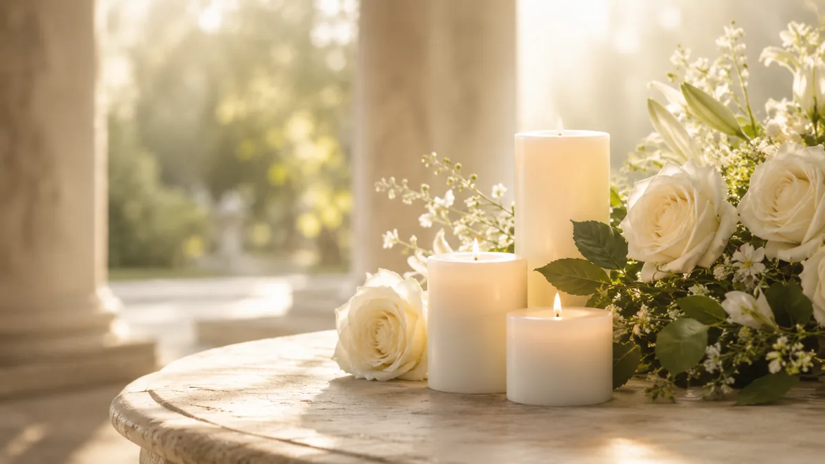 Kerzen und weiße Blumen als ruhiges Trauermotiv